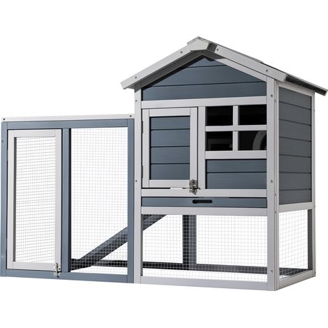 Wiltec Hasenstall grau-weiß 1220 x 630 x 920 mm mit Freilaufgehege und erhöhtem Unterschlupf aus Holz, Kaninchenkäfig mit 2 Etagen, Kleintierstall