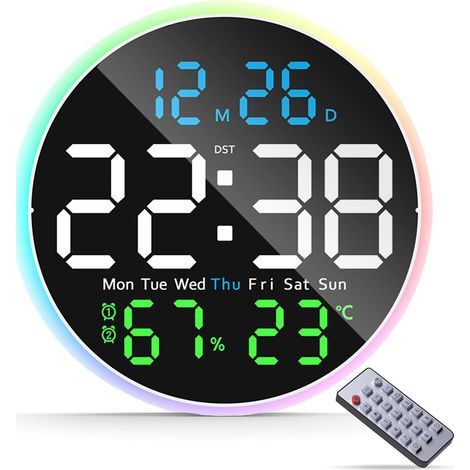 Horloge murale grand format avec télécommande, réveil numérique LED à brancher, format 12/24 h, luminosité automatique, date, jour de la semaine, température, silencieuse, idéale pour le salon, la cha (1/5)