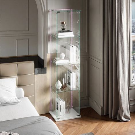 Glasvitrine, Vitrinenschrank, Wohnzimmervitrine mit LED-Licht, 1 Tür 4 Regale, Sammlerschrank, Modern, Weiß