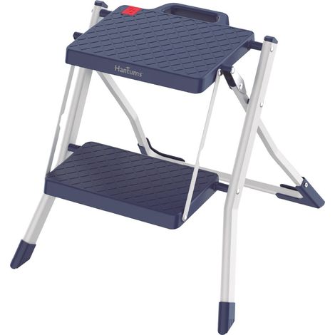 Taburete de acero plegable con mango, 2 peldaños antideslizantes, color azul y blanco