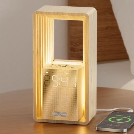 Lampe de Chevet avec Port de Charge USB & Horloge, Double Alarme avec Lumière de Réveil & Répétition - 9 Sons de Sommeil Veilleuse, Minuterie & Affichage Réglable Lampe Table pour Chambre, Déco [Class (1/5)