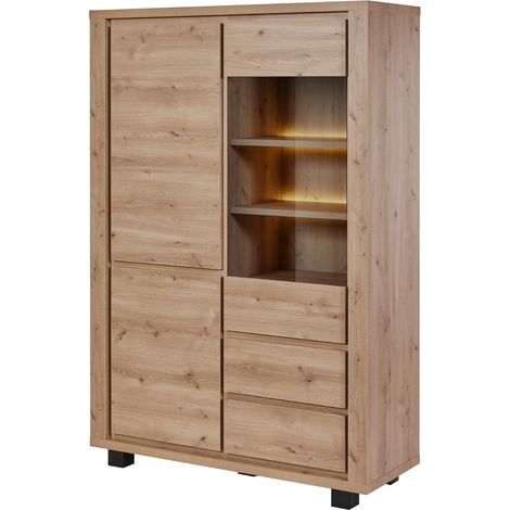 Argentier 4 portes dont 1 vitrée avec éclairage leds aspect bois finition Hudson Oak - URIDSON