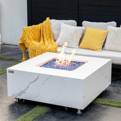 Brasero au gaz de table carré 100 x 100 x 43 cm – Porcelaine marbrée résistante aux intempéries – 60 000 BTUs – Housse incluse – Elementi (1/5)