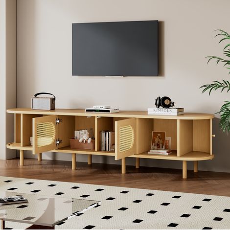 Ovaler TV-Schrank 180 x 40 x 40 cm, MDF in heller Holzoptik, Rattan-Stil, bis 75 Zoll (1/5)