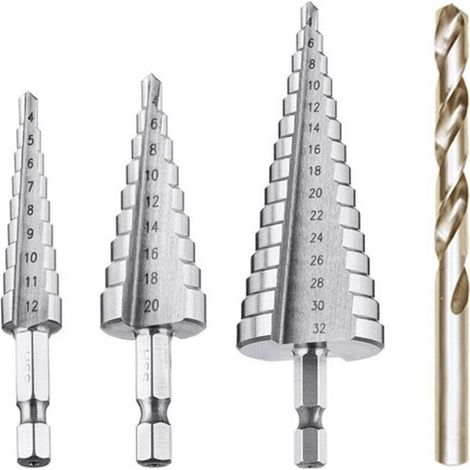 Foret Etagé, Foret Fraise Metal HSS 4PCS 4 12/20/32mm Meche Etage Perceuse Acier Fraise Forage Conique Triangle avec Revêtement Titane Visseuse Percage pour Acier/Bois/Laiton/Plastique/PVC (1/5)