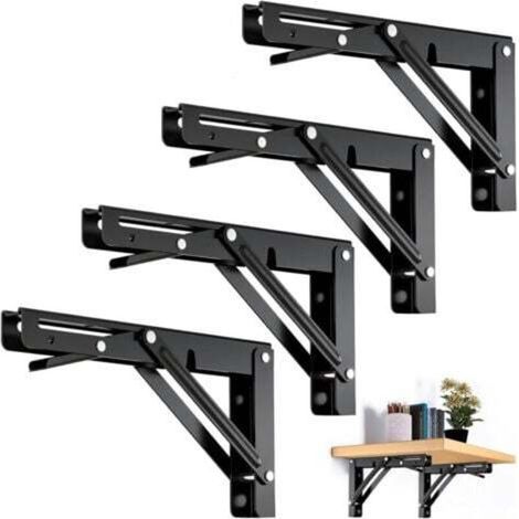 4 Pièces Support d' Étagères Pliable, 200mm Équerre Pliante Noir Support Console Pliants, Murale Supports Pliante, Pour Table Etagere Murale Garage Cuisine Chambre Bureau, Gain de place (1/4)