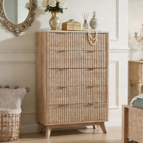 Commode chambre 5 Tiroirs Style Fluté 48" Haute, Commode bois avec Plateau Faux Marbre & Profil Courbé, Organisateur de Rangement pour Chambre, Salon, Couloir & Entrée - Panneau de Particules Chêne Na (1/5)