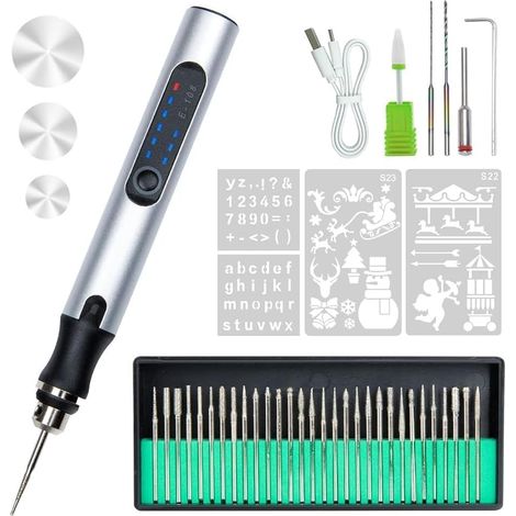 Stylo de Gravure Électrique avec 36 Bits– Graveur Rotatif Rechargeable USB sans Fil, Mini Outil Portable pour Métal, Bois, Verre, Plastique, Bijoux et Pierre (Argenté) - (1/5)