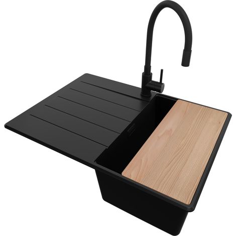 PRIMAGRAN Evier Cuisine en Granit 70x50cm, Lavabo 1 bac + Kit de Vidage + Accessoire, Évier à Encastrer au meuble 40cm - Copenhague, Tout Noir (1/5)