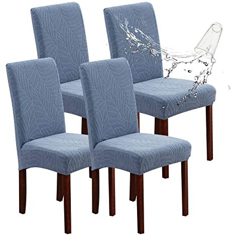 Lot de 4 housses de chaise imperméables en jacquard, extensibles, amovibles et lavables pour chaises de salle à manger, cuisine, hôtel, restaurant (feuilles-bleu clair)