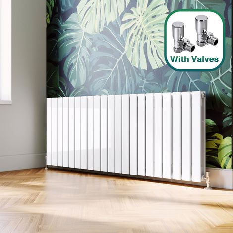 ELEGANT 600 x 1596 mm White Horizontal Column Radiator Double Flat Panel Central Heating Designer Radiators + Angled Radiator Valves Valves (1/5)