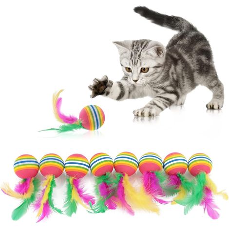 Set mit 8 Regenbogen-Federbällen für Katzen, interaktives Spielzeug für Kätzchen, bunte Bälle, für drinnen und draußen, zum Kauen, für Training und zum Jagen (1/5)