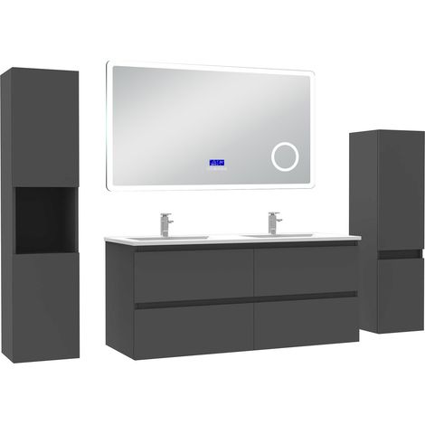 Ocean ensemble meuble 120 cm anthracite avec 4 tiroirs à fermeture automatique, lavabo céramique + miroir salle de bain Bluetooth + 2 colonnes, suspendu