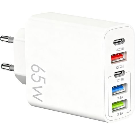 Chargeur Rapida USB-C 65 W, 5 ports, prise USB-C, charge rapide, adaptateur secteur USB A et Type C QC 3.0 PD multisecteur compatible avec iPhone 16, 15, 14, 13, 12, 11, iPad Pro Max et Samsung. (1/5)