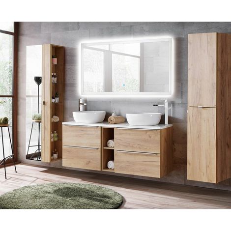Badmöbel Komplett-Set mit Doppel-Waschtisch & LED-Touch-Spiegel TOSKANA-56 Wotaneiche Nb. BxHxT ca. 260/190/46cm (1/5)
