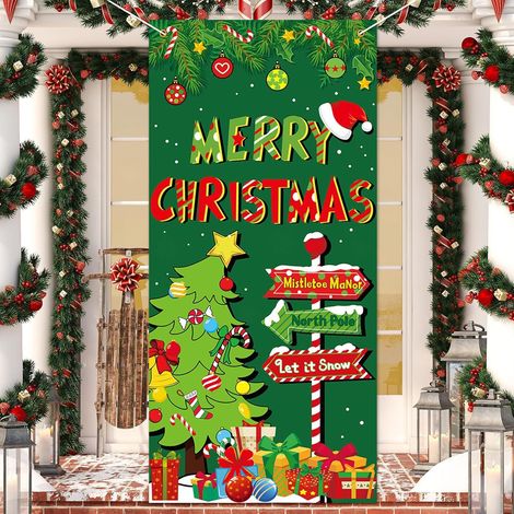 Bannière de porte Monstre de Noël, Décoration de porte d'entrée, Décoration extérieure pour les fêtes, Drapeau Joyeux Monstre de Noël - 90 x 180 cm (Perforation + Ruban) - Style 9