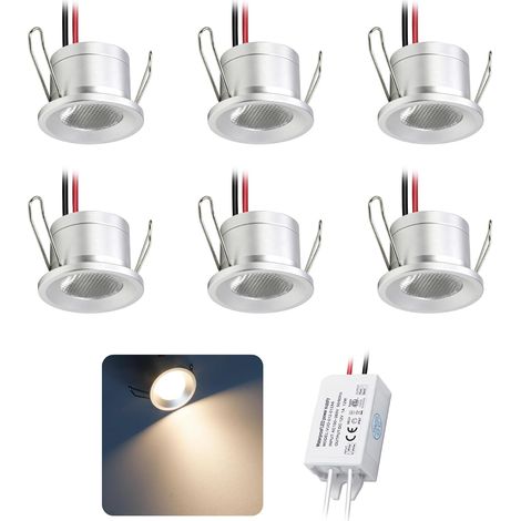 Mini Spot LED Encastrable 2W 6 pcs DC 12V, IP65 Étanche Petite Taille Lampes Avec Transfo 220V, 25mm Pointeur Éclairage Encastré Pour Meuble Terrasse Exterieur Armoires Escaliers (Blanc Chaud) (1/5)
