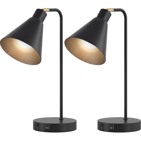 Lot de 2 lampes de table modernes en acier avec ports USB, douille E27, noires (1/5)