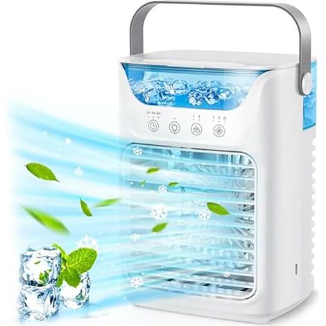Humidificateur Climatiseur Portable 4 en 1, Ventilateur de Table avec 700ml, Brume Froide 2, 3 Temps Automatique, 7 Couleurs Veilleuse (1/5)