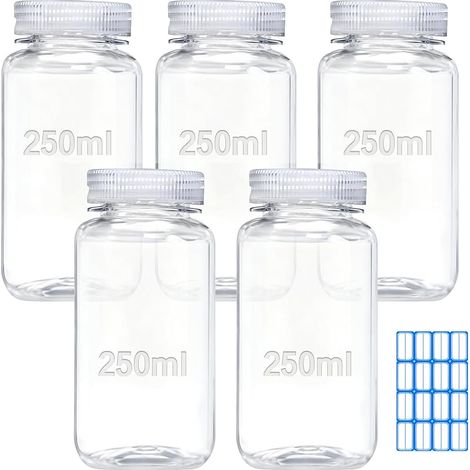 Lot de 5 flacons de réactifs de laboratoire de 250 ml - Récipients chimiques de qualité laboratoire scellés - Bouteille transparente anti-fuite - Bouteille d'échantillon d'eau