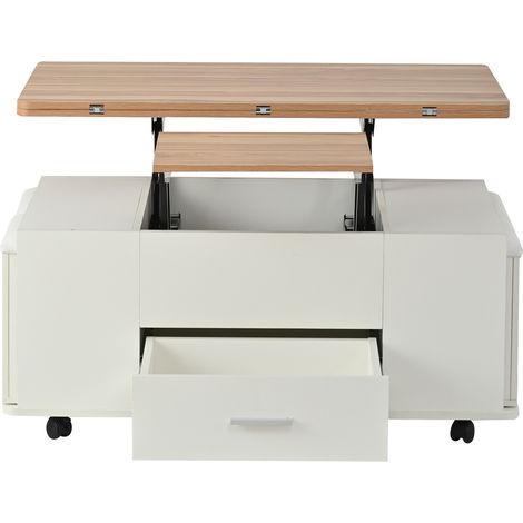 Table basse relevable et extensible avec 4 poufs, table basse multifonction transformable en table à manger, blanc et bois (1/5)