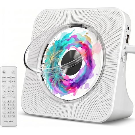 Portable CD Player Wall Mounted Bluetooth CD Players Desktop Home Office Dual HiFi Speakers, AUX Jack and Headset, FM Radio Boombox with Remote Control USB Port LCD Screen (1/5)
