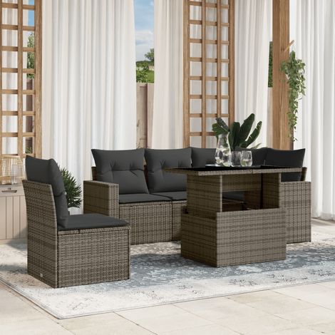 Ensemble salon de jardin 6 places en résine tressée gris avec coussins et table à hauteur réglable - Mobilier d'extérieur modulaire et durable (1/5)