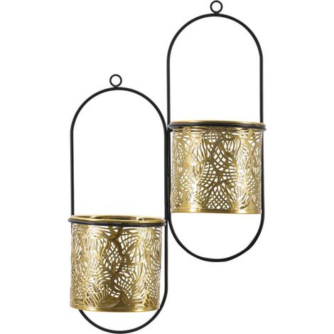 Portavaso da muro doppio Hong in ferro nero e oro 27x14x48 cm