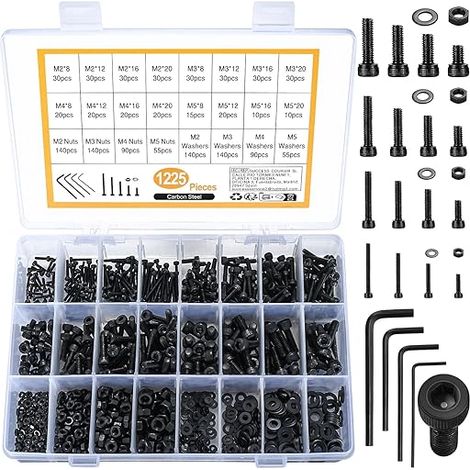 Surtido de 1225 tornillos con cabeza hexagonal, tuercas y arandelas, M2/M3/M4/M5, tornillos hexagonales de cabeza hexagonal negros, juego de tornillos y tuercas para máquina (cabeza de copa redonda ne (1/5)