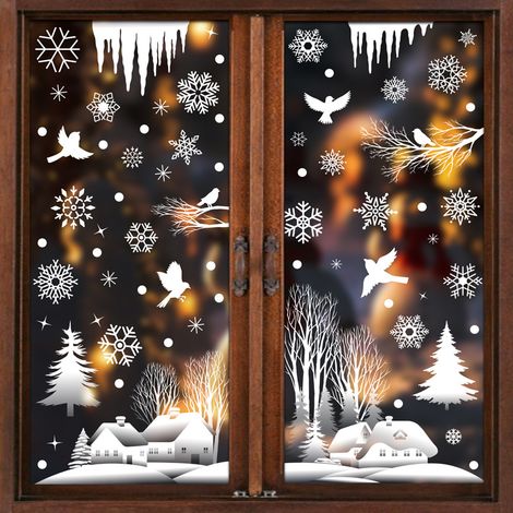 Autocollants pour fenêtre flocons de neige blancs et branches d'arbre, autocollants scène de forêt enneigée avec colibris, décorations de Noël hivernales, décorations de fenêtre statiques, anti-collis