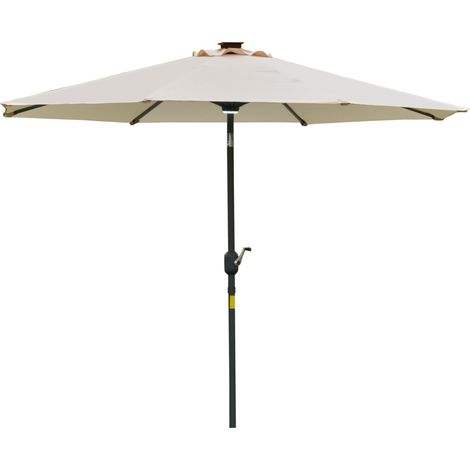 Ombrellone da Giardino Φ270 x 245Acm con Apertura a Manovella e Inclinabile, Luci LED e Pannello Solare, Crema Bianco