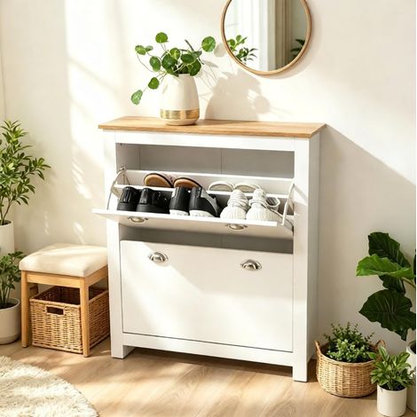 Weiße und Eiche Schuhkommode, MDF E1, 79 x 23 x 90,5 cm HAVRYA (1/5)