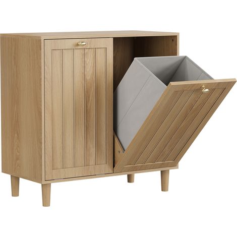 Armoire à linge inclinée avec paniers amovibles en MDF couleur chêne, rangement pour salle de bain, 69,5 x 39 x 70,5 cm (1/5)