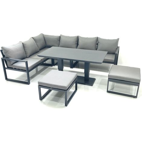 Fimous Aluminum Outdoor Garden Furniture Set Corner Sofa 2 Big Footstools Adjustable Rising Lifting Dining Table Sets Dark Grey (1/5)