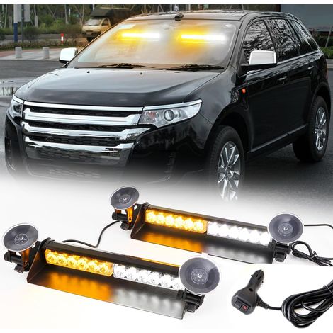 Gyrophare LED Orange Blanc Pare-Brise Ventouse 2x12 LED, 9 Modes IP65 étanche, boîtier aluminium, 2x35,6 cm, résistant pluie, neige et brouillard pour véhicules sécurité et dépanneuses (1/5)