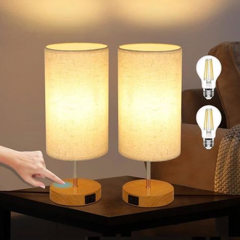 TuseRxln 2er-Set Touch-Nachttischlampen – Warmweißer Stoffbezug, 3 Helligkeitsstufen, Tischlampe mit USB-Ladeanschlüssen