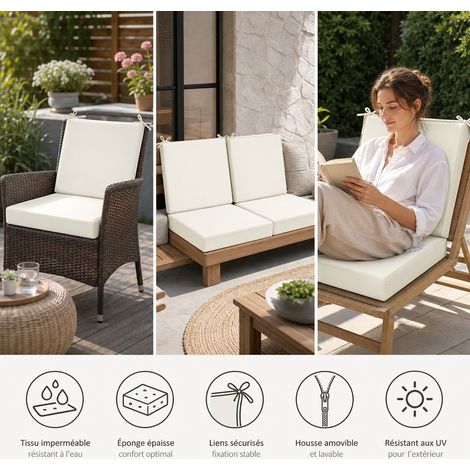 Coussin de Chaise Epais 48 x 48 x 10 cm Coton Polyester Blanc Casse - Coussin Canape avec Dossier Lot de 2 (1/5)