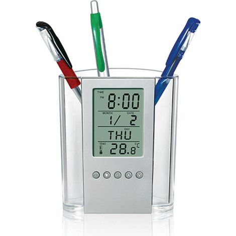 Digitaler LCD-Tischuhr-Organizer mit Stifthalter aus Netzgewebe, Thermometer und automatischer Schublade zur Verbesserung der Arbeitsplatznutzung.