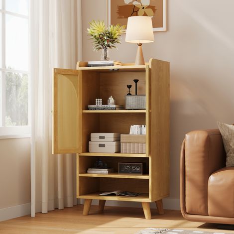 Buffet Haut en Rotin 60x40x120 cm Meuble de Rangement Bois avec 2 Portes Ajourées, 2 Étagères Ouvertes - pour Salon Cuisine Entrée