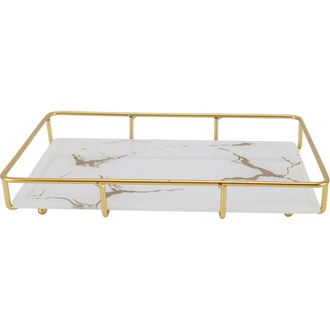 Mensola portaoggetti da bagno, vassoio quadrato bianco con decorazioni dorate, di grandi dimensioni, per articoli da toeletta e cosmetici.