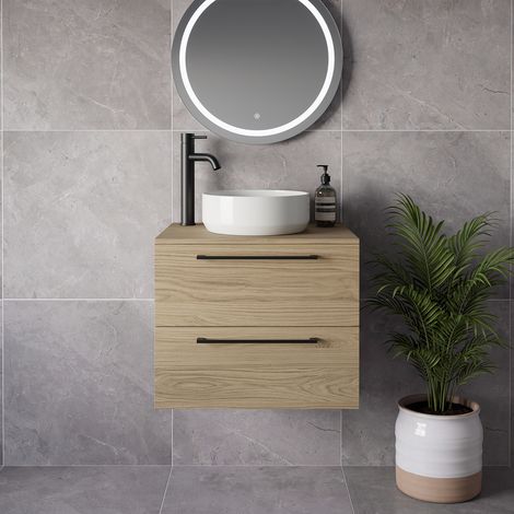 Napoli 460 Light Oak 600mm Wall Mounted 2 Drawer Vanity Unit for Countertop Basins - 600mm - Matt Black 320mm Handle
