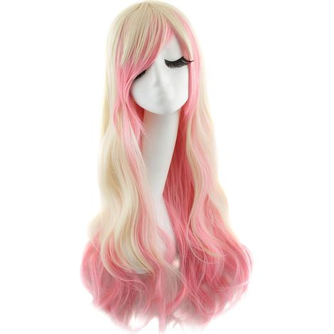 Belle longue perruque de cosplay de style Harajuku ondulée (beige/rose)
