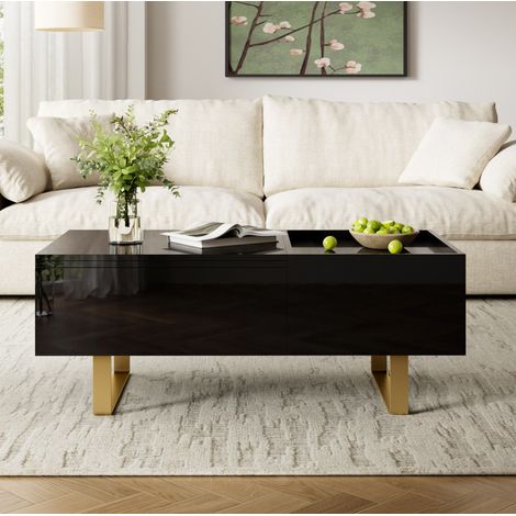 Tavolino elevabile con vano contenitore 100 x 50 x 54,5 cm, cassetto, nero lucido DESVIAE (1/5)