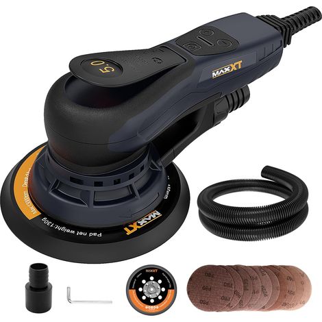 Ponceuse excentrique 150 mm sans balais avec raccord tri-noyaux, course excentrique 5,0 mm, frein automatique (2 s), 6 vitesses réglables, 10 papiers abrasifs et 5 m de câble (1/5)