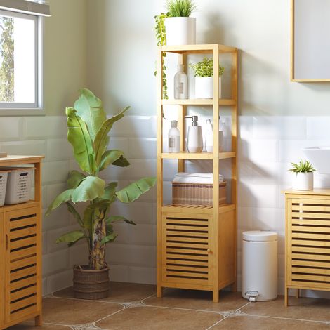 Badezimmerschrank aus Bambus, natur, 36 cm breit, mit 3 offenen Fächern und Schrankfach