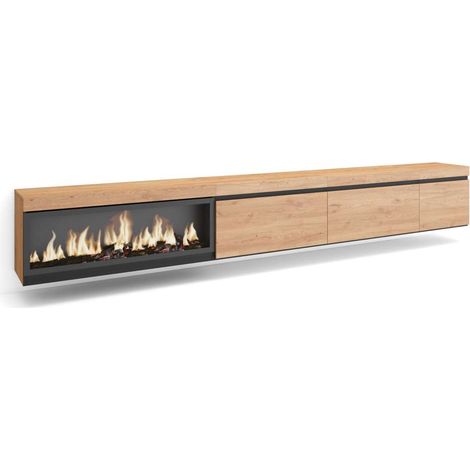 Mueble TV Adamuz de 317x45x35 cm con chimenea eléctrica XXL, suspendido, color roble (1/4)