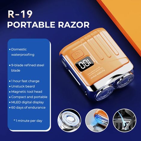 Rasoir électrique intelligent (R19 Orange), affichage numérique, mini tête de rasage double lame, rasoir de voyage, rechargeable (1/3)
