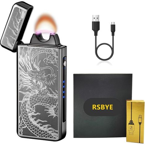 Dragon Briquet Coupe-Vent Briquet Électrique Briquet Électrique avec Boîtier en Métal Indicateur de Niveau de Batterie et Charge USB-C pour Bougies, Camping en Plein Air, Cadeau (Dragon Noir) (1/5)