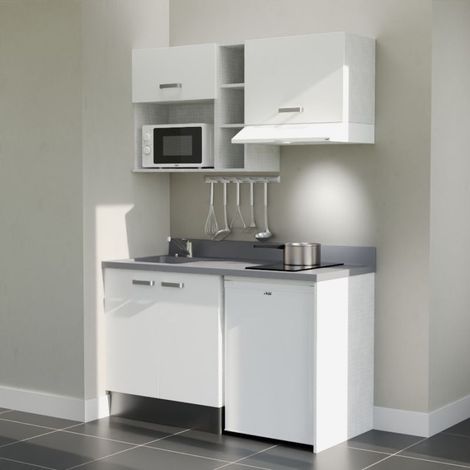 Kitchenette K13L - 140 cm - plan monobloc évier intégré Cromo- évier à gauche - Façades Blanc + Electroménager inclus coloris Blanc