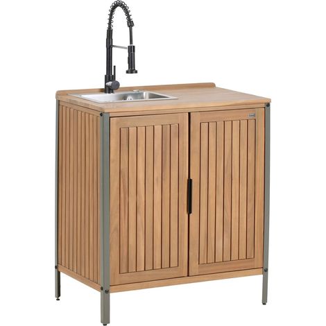 Mobile da cucina per esterni marrone con lavello in legno d'acacia nero con lavello 2 ripiani 2 ante 50 x 80 x 92 cm Ivrea